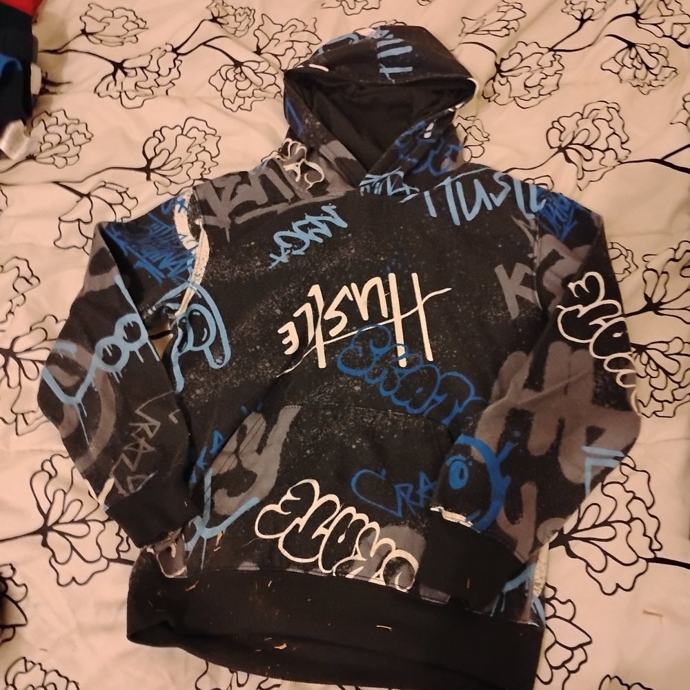 Graffiti Print Black and Blue Hoodie
